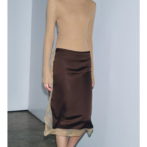 Zara NWT brown & beige lace split side lace trim midi skirt - Picture 4 of 8